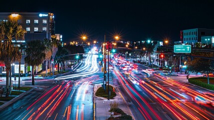 Obraz premium Busy Urban Intersection at Night with Traffic and City Lights