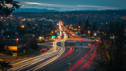 Vibrant City Nightscape with Light Trails and Urban Landscape Views