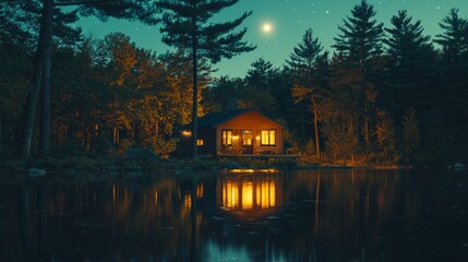 Fototapeta premium Serene Lakeside Cabin Under Starry Night Sky with Reflections