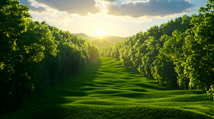 Obraz premium Sunlit Green Forest Path at Sunset