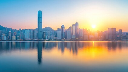 Fototapeta premium Hong Kong Skyline Sunrise: Golden Hour Reflection