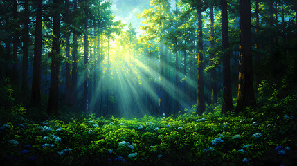 Obraz premium Sunlit Green Forest Pixel Art
