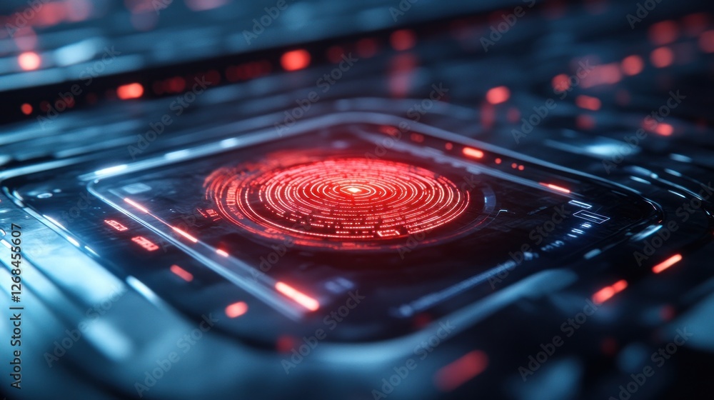 Poster a close-up of a futuristic technology interface with a glowing red circle in the center.