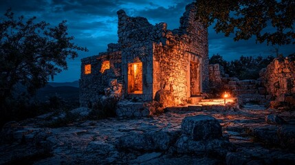 Obraz premium Abandoned Stone House with Warm Light in the Night Landscape