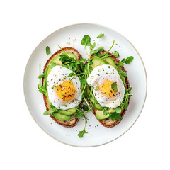 avocado toast with poached eggs and microgreens isolated on transparent background, in PNG format, cut out