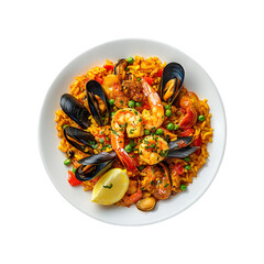 seafood paella with shrimp, mussels, and saffron rice isolated on transparent background, in PNG...