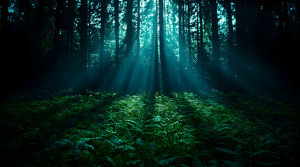 Obraz premium Sunlit Green Forest With Dark Shadows