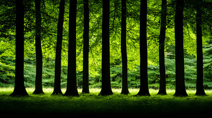 Sunlit Green Forest with Dark Tree Trunks
