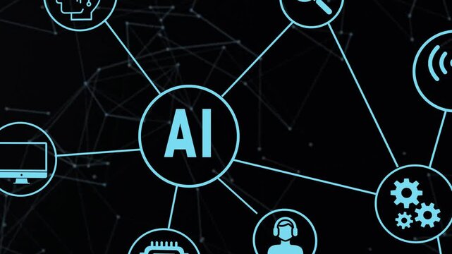 Artificial Intelligence Network Technology Icons Visualization of AI interconnected various tech-related icons including gears wireless signals human profiles futuristic digital network background