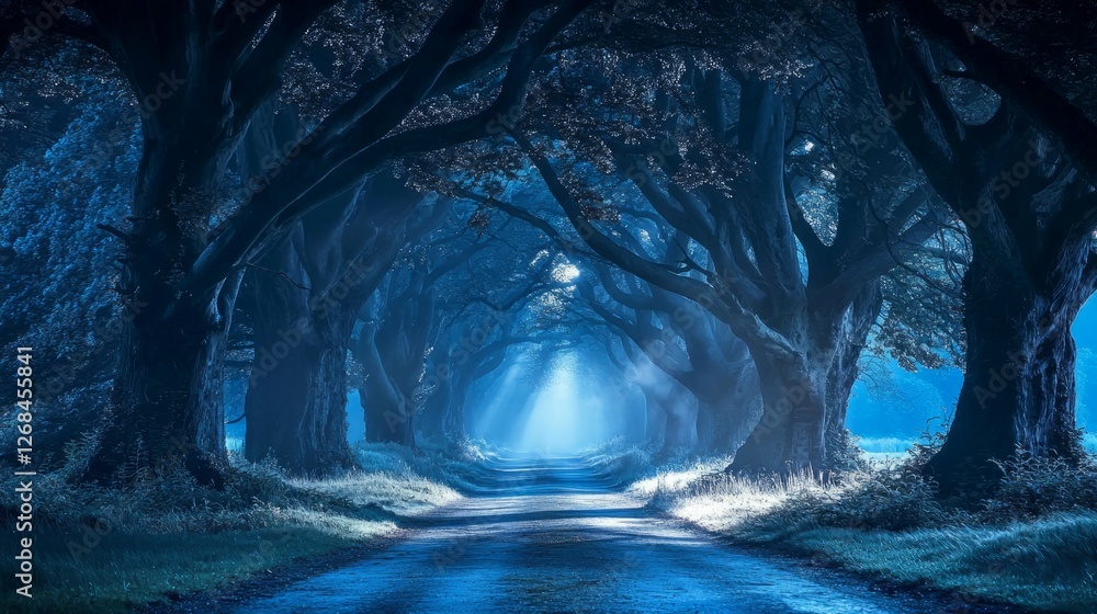 Poster enchanted forest path with ethereal light and mystical atmosphere