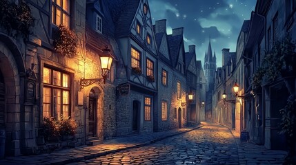 Fototapeta premium Enchanting Nighttime Street in Historic European Village Scene