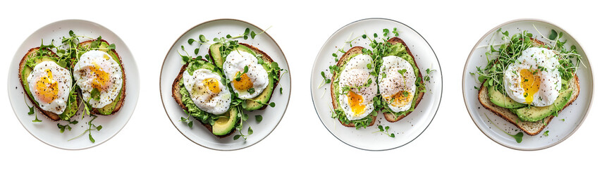 Set of avocado toast with poached eggs and microgreens isolated on transparent background, in PNG format, cut out