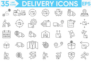 Delivery Line icon set.Containing order tracking, delivery home, warehouse, scooter, truck, bicycle, Box, Package, courier and more.Vector and illustrator set.