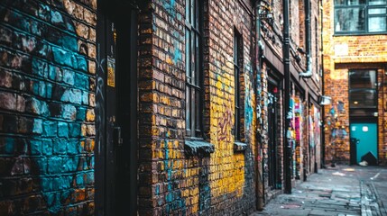 Fototapeta premium Colorful Urban Alley with Graffiti and Textured Brick Walls
