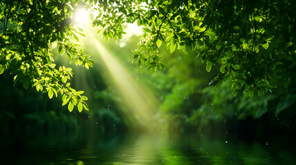 Sunlit Green Forest with Reflective Water