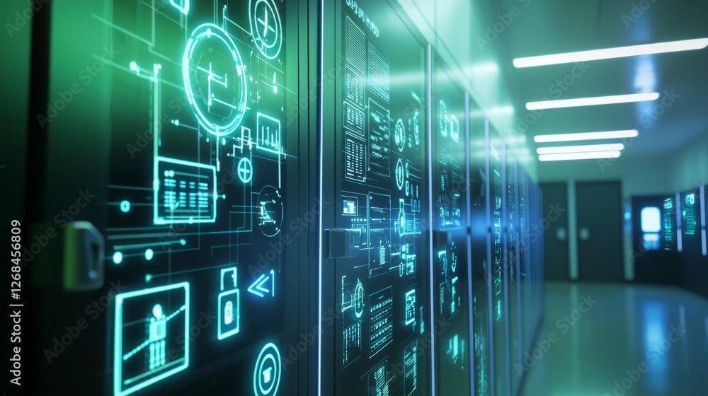 Poster futuristic data center with digital screens and high-tech visuals