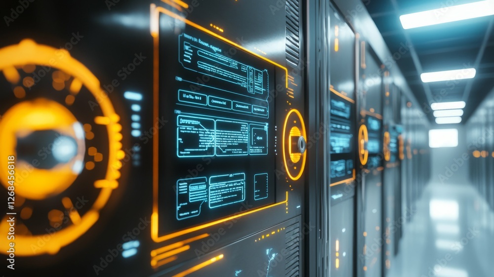 Poster futuristic data center with bright displays and server racks