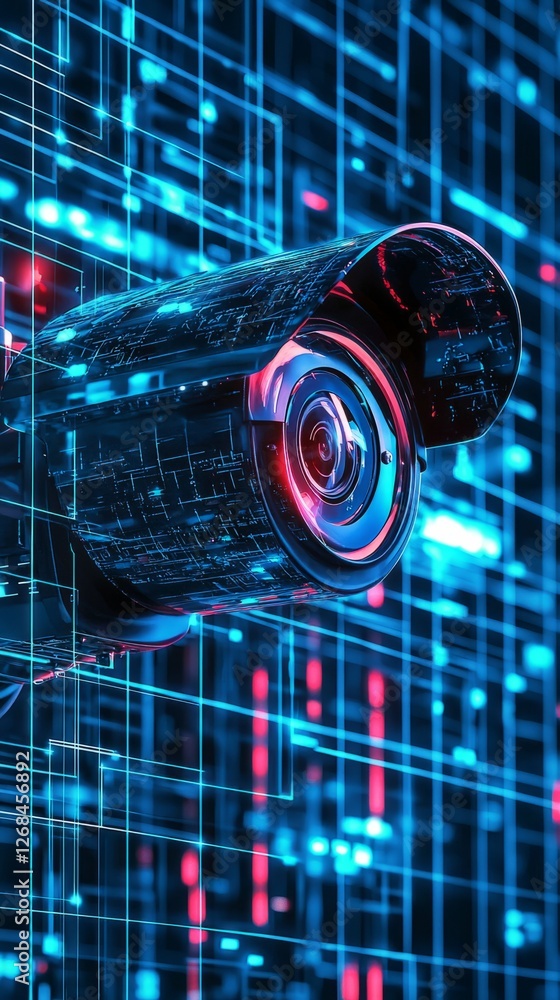 Poster High-Tech Security Camera with Digital Data Background Design