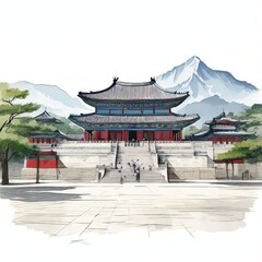 Fototapeta premium an AI Image Generator, Traditional Korean Palace With Mountain