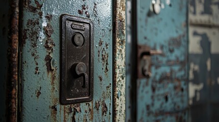 Rusty Metal Lock on Old Weathered Door with Peeling Paint
