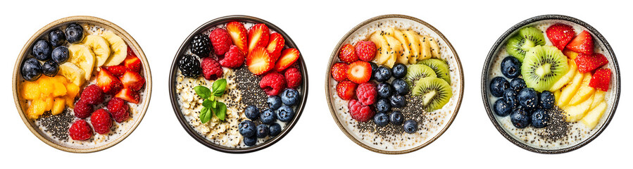bowl of overnight oats topped with fresh fruit and chia seeds isolated on transparent background, in PNG format