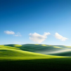 Sunlit Green Hills and Blue Sky Landscape
