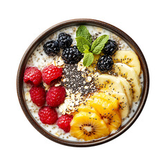 bowl of overnight oats topped with fresh fruit and chia seeds isolated on transparent background, in PNG format
