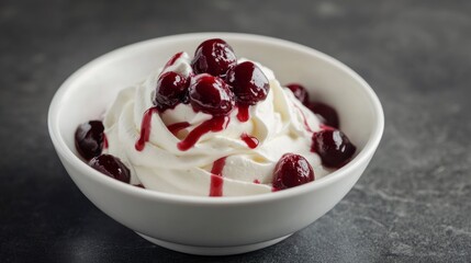 Food photography of a white bowl with whipped cream and cherry sauce, a realistic photo, on a dark grey background, with natural lighting.