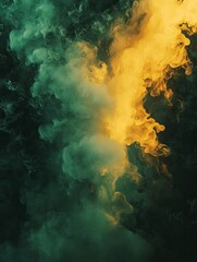 Fototapeta premium Green and yellow smoke, dark background, green on the left side of the screen, yellow on the right side of the screen, smoke flowing upwards.