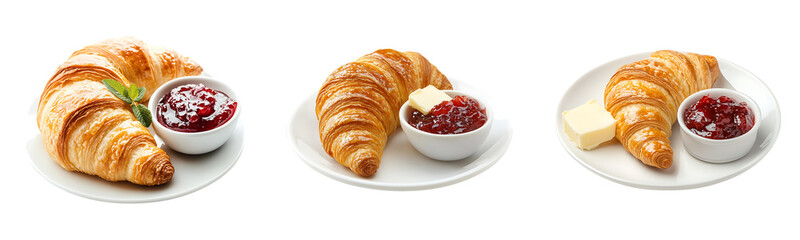 Set of buttery croissant served with strawberry jam and butter isolated on transparent background, in PNG format