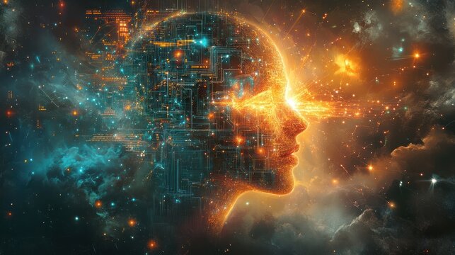 A digital human head made of circuits and data is surrounded by stars and cosmic energy, representing the concept of artificial intelligence and its power in the universe.