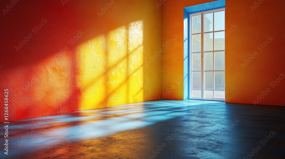 Poster room interior with window and doorway emitting rays of light illuminating the space and creating sha