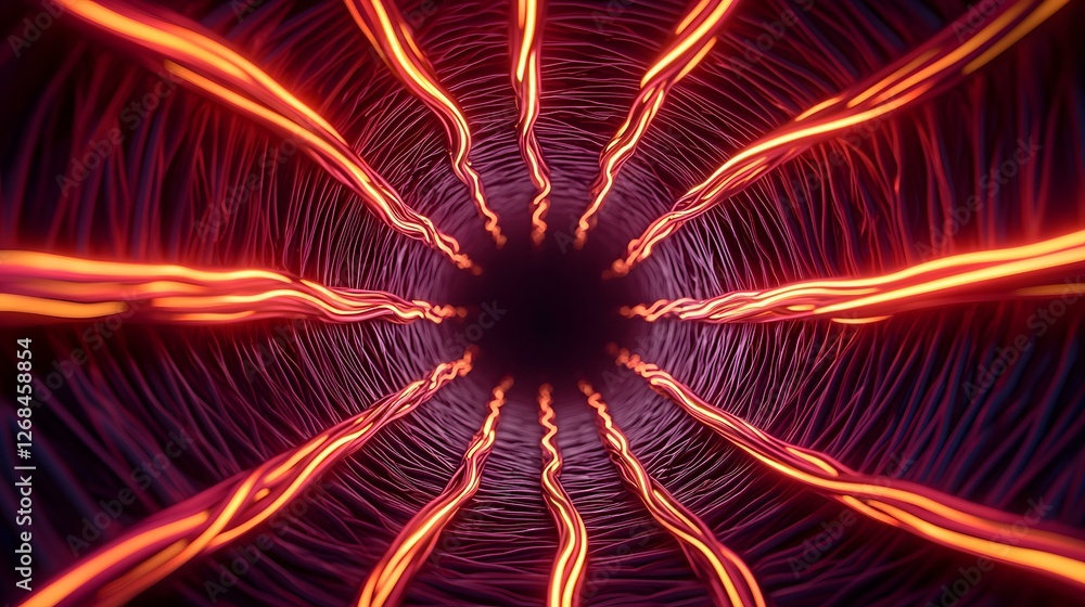 Poster a digital rendering of a dark, textured tunnel with glowing orange lines radiating from a central po