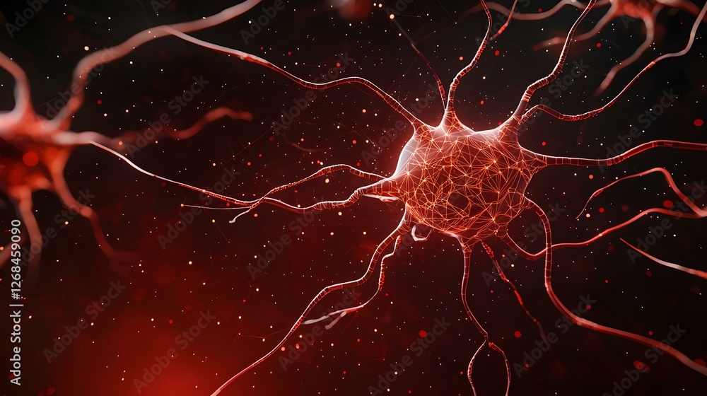 Poster the image shows a stylized neuron, its complex network of dendrites and axon glowing red against a d