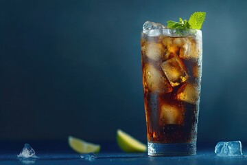 A refreshing glass of cola filled with ice cubes, garnished with fresh mint and lime slices, against a cool blue background with condensation. Ideal for beverage promotions, summer ads, and drink
