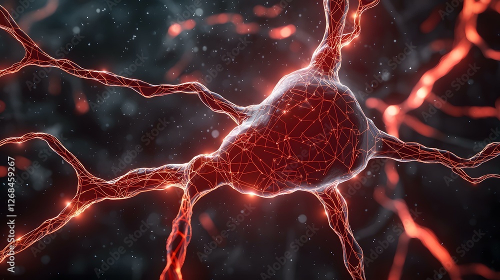 Aufkleber the image shows a stylized 3d rendering of a neuron, its soma and dendrites glowing with an orange l