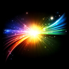 Obraz premium Vivid Burst of Rainbow Light Energy Emanating from a Central Point on Black Background Display