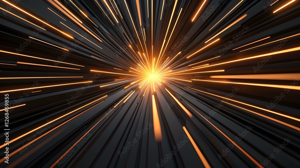 Poster the image contains a dark, abstract, 3d rendering of numerous dark gray or black lines converging to