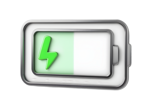 Half Charged Battery Icon: 3D Render of a Modern Battery Indicator Showing Half Power