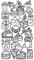Collection black and white line icons representing various fast foods, snacks, and beverages, including a hot dog, burger, pizza slice, ice cream cone, and soda can, arranged in a clean grid layout.