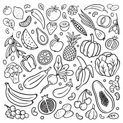 A seamless pattern of hand-drawn black and white line icons featuring various fruits, vegetables, and nuts such as bananas, pineapple, avocado, tomato, pumpkin, and broccoli, arranged in a detailed.