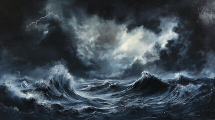 An image of an ocean storm, tall dark waves violently crashing against each other under a stormy sky