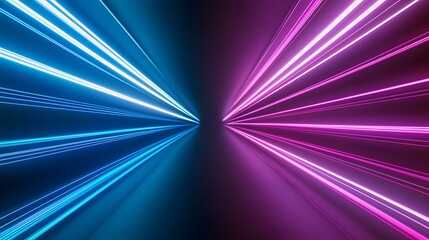 Fototapeta premium The image contains vibrant blue and purple neon light streaks converging at a central vanishing point, creating a dynamic and symmetrical abstract composition.