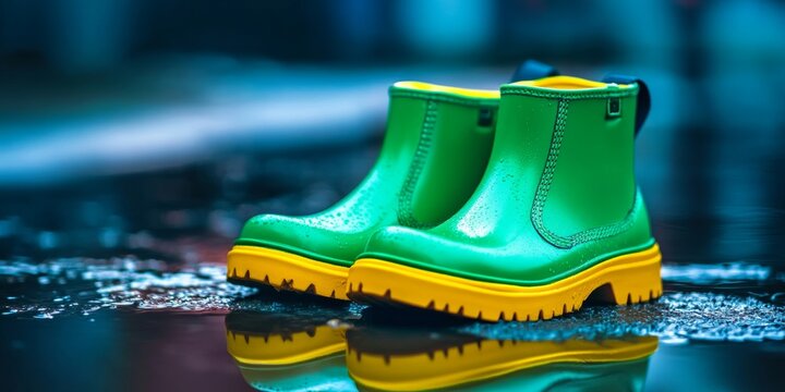 Bright rubber boots in a puddle, a reflection of the spring sky.