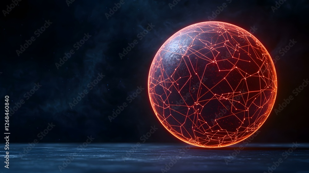 Aufkleber a glowing sphere with a network of fiery lines connecting points across its surface rests on a dark,