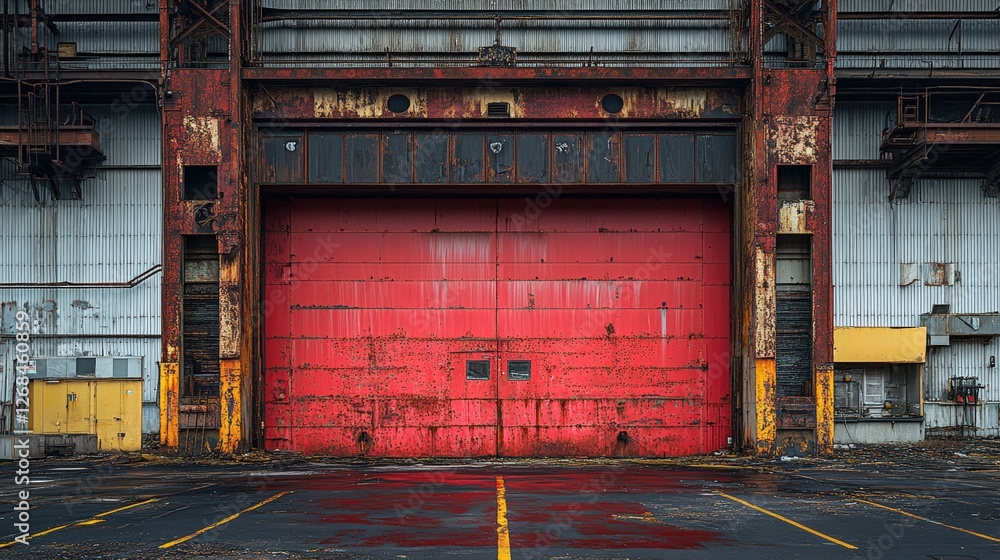Poster rusty red door in an abandoned factory with peeling paint and weathered textures on the building ext