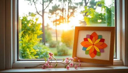 Vibrant Circular Artwork in Wooden Frame on a Sunlit Windowsill