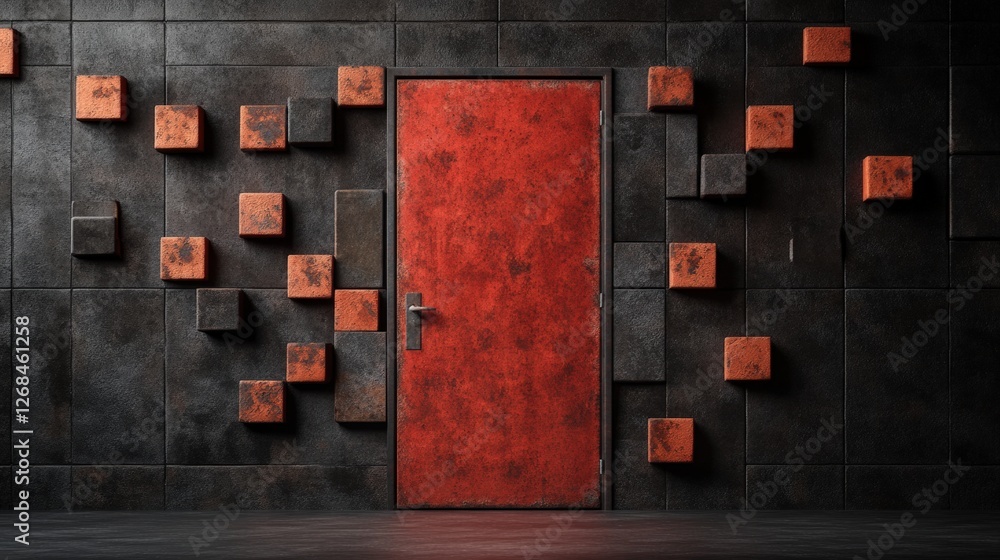 Poster red door with bricks in abandoned factory setting showing rust and decay in industrial environment