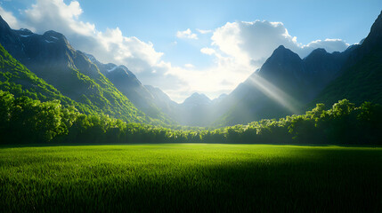 Obraz premium Sunlit Green Valley Between Majestic Mountains