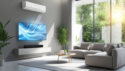 Modern Living Room with Air Conditioner and Large Screen TV